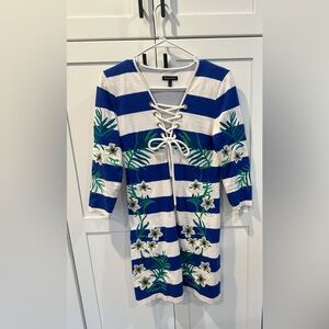 Blue and White Striped Dress with Floral Design